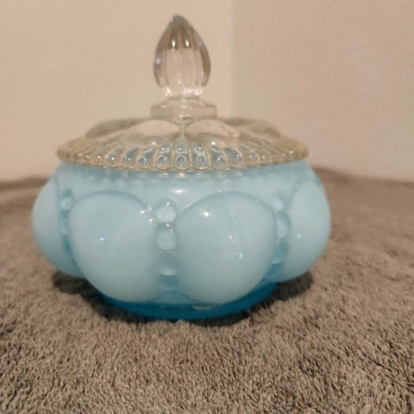 Fenton Other - Fenton Beaded Melon Blue Opaline Vanity Powder Dish w/Clear Lid MCM SOLD